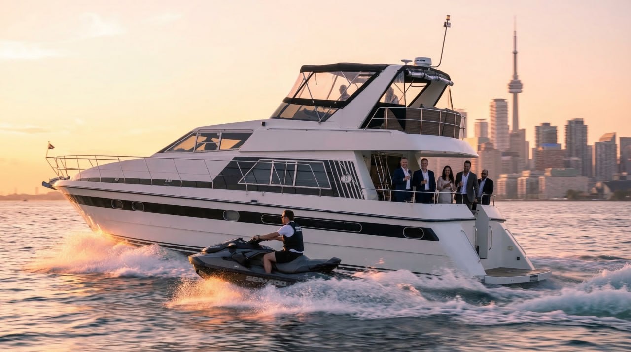 Bachelorette yacht party at sunset with Toronto skyline backdrop